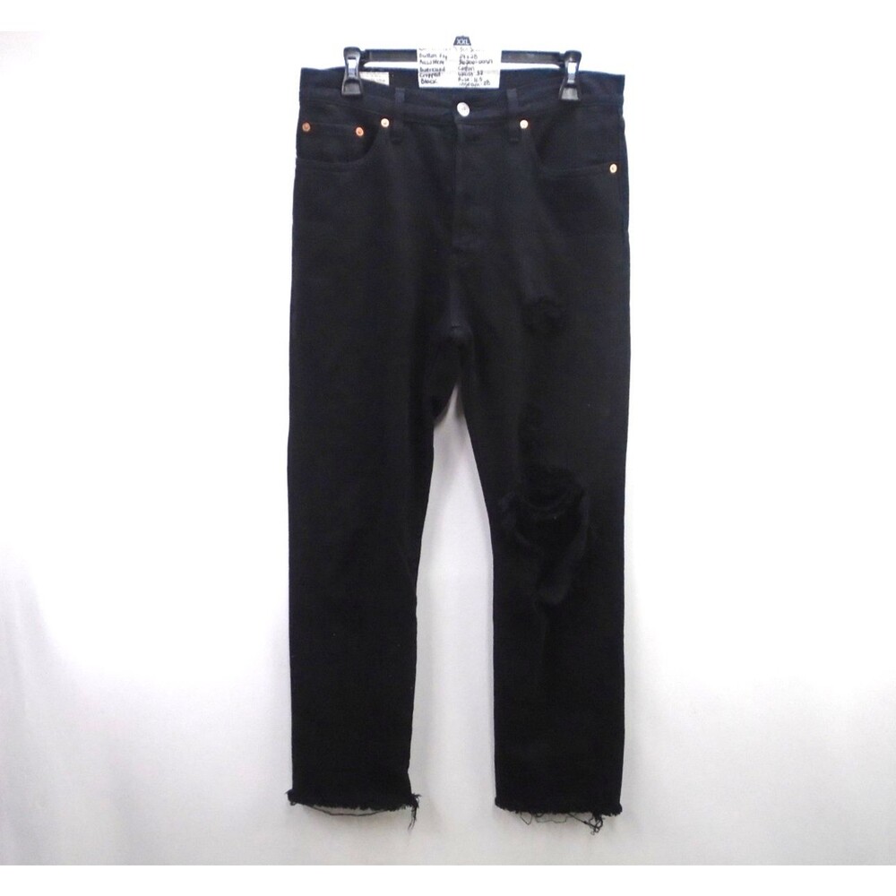 Levis 501 Big E Women Size 29 Jeans Black Distressed Cropped Raw Hem Button Fly